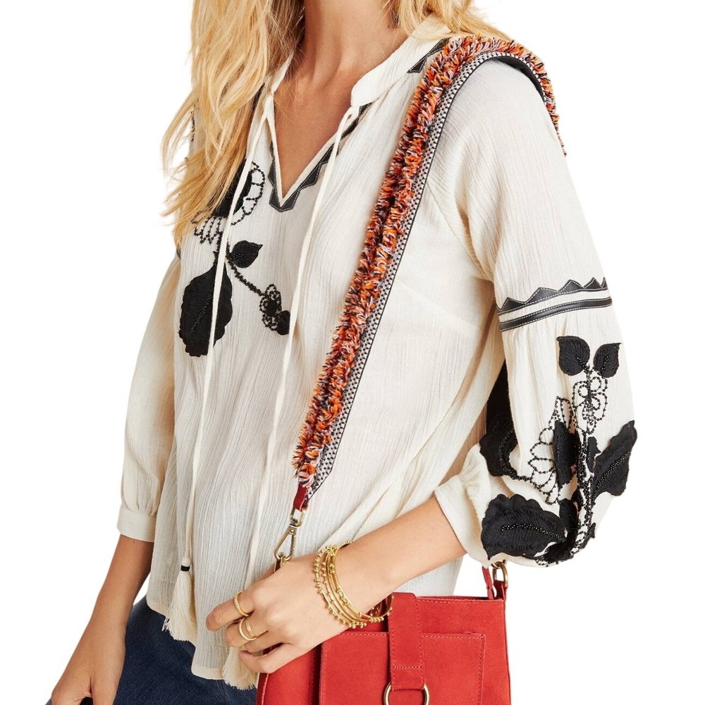 Vineet Bahl Penelope Cotton Embroidery Bead‎ Peasant Blouse Small Boho Floral